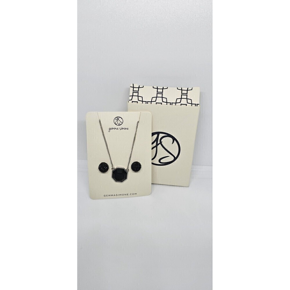 Gemma Simone Black Silvertone Necklace Pierced Earring Set NEW IN BOX